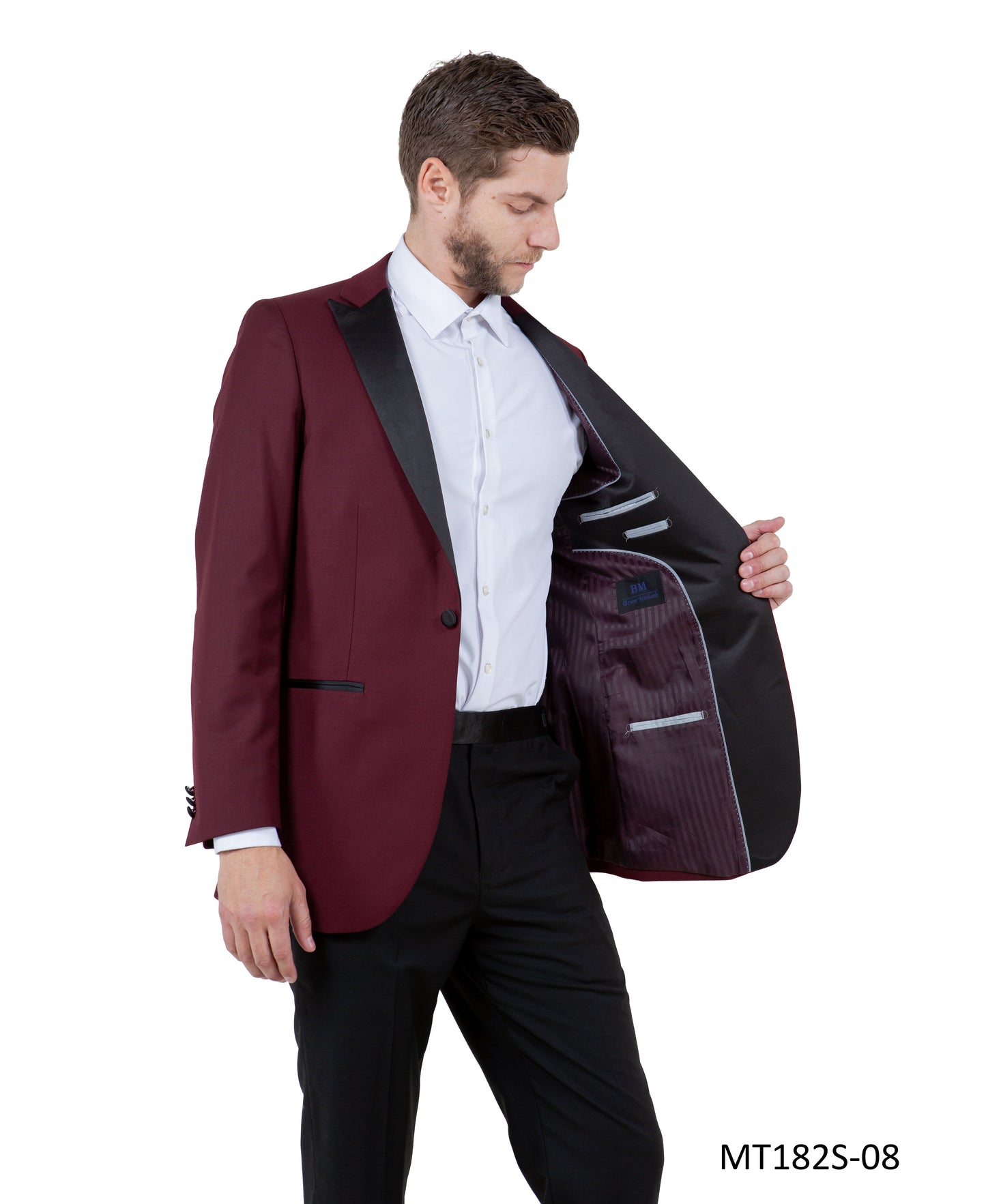 Burgundy on Black Satin Peak Lapel With Black Pants Slim Fit  2 Piece Bryan Michaels Men's Tuxedo