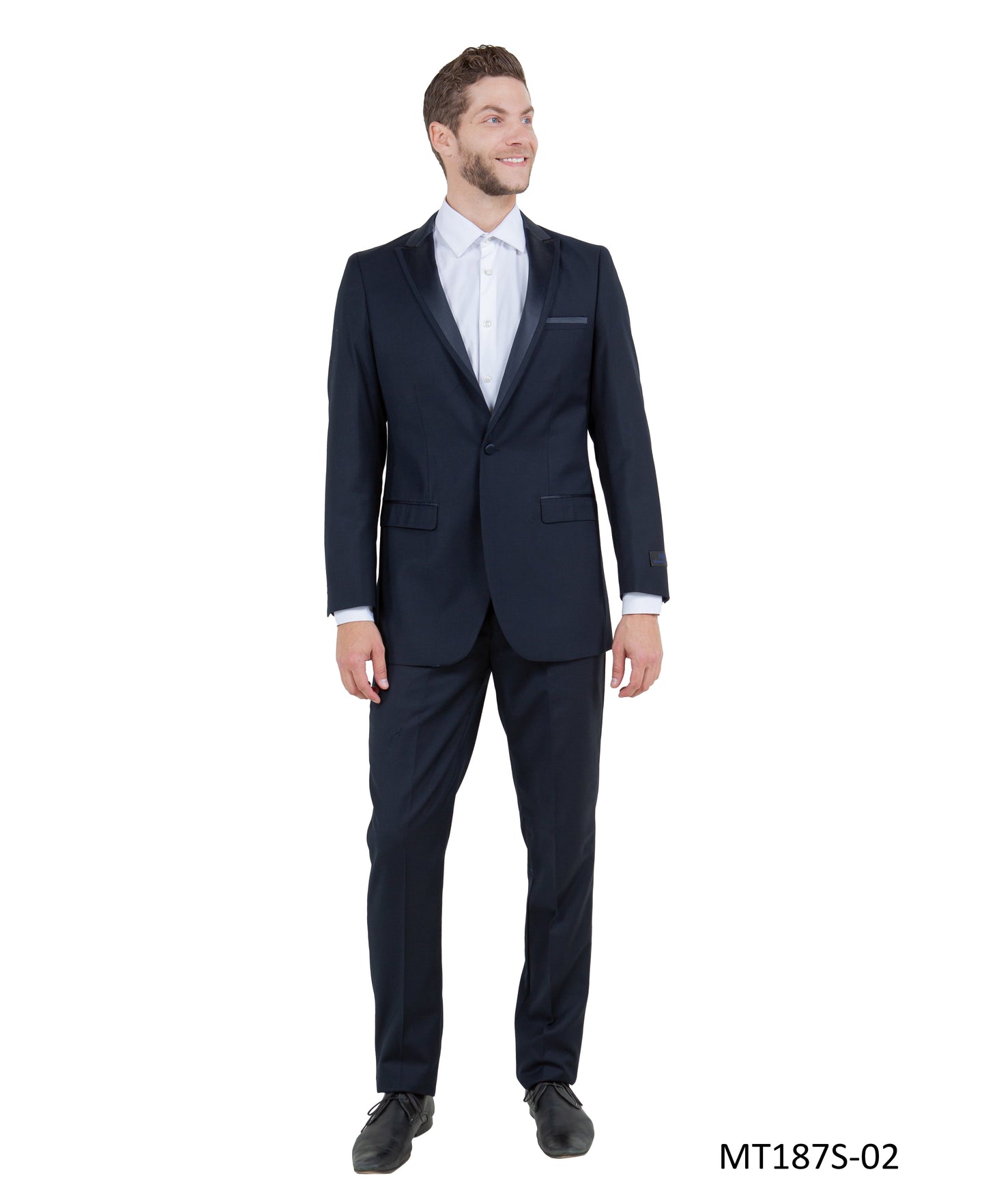 Navy on Navy Satin Peak Lapel With Fabric Trim Slim Fit  2 Piece Bryan Michaels Men's Tuxedo