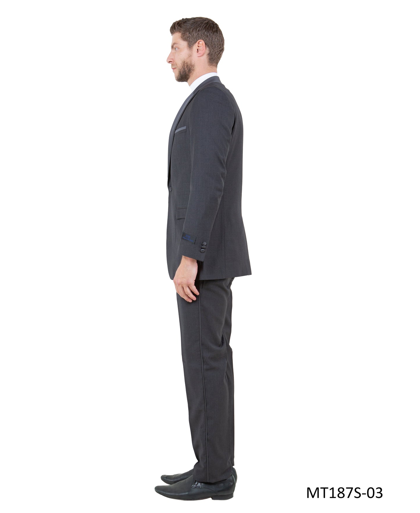 Dark Grey on Dark Grey Satin Peak Lapel With Fabric Trim Slim Fit  2 Piece Bryan Michaels Men's Tuxedo