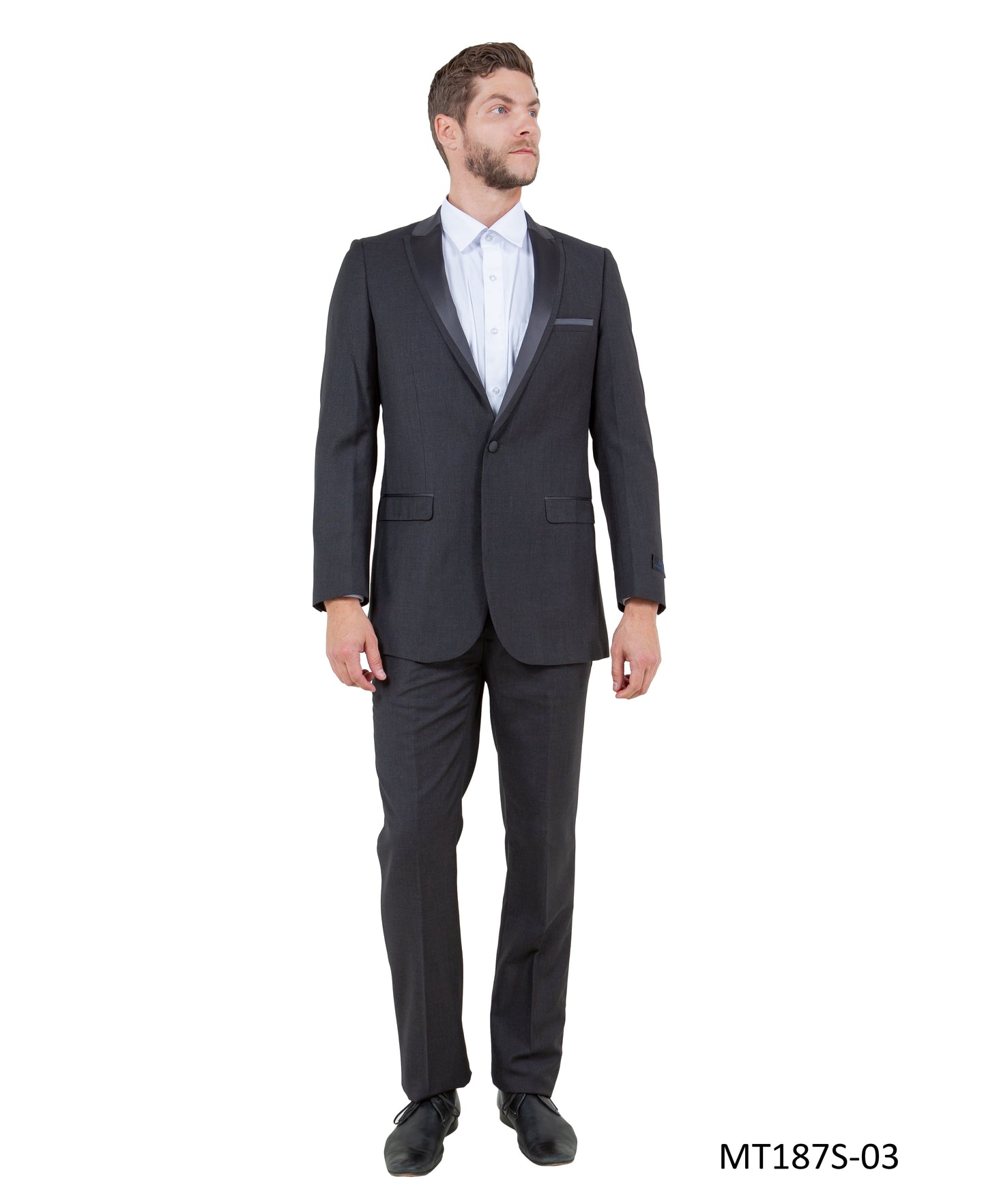 Dark Grey on Dark Grey Satin Peak Lapel With Fabric Trim Slim Fit  2 Piece Bryan Michaels Men's Tuxedo