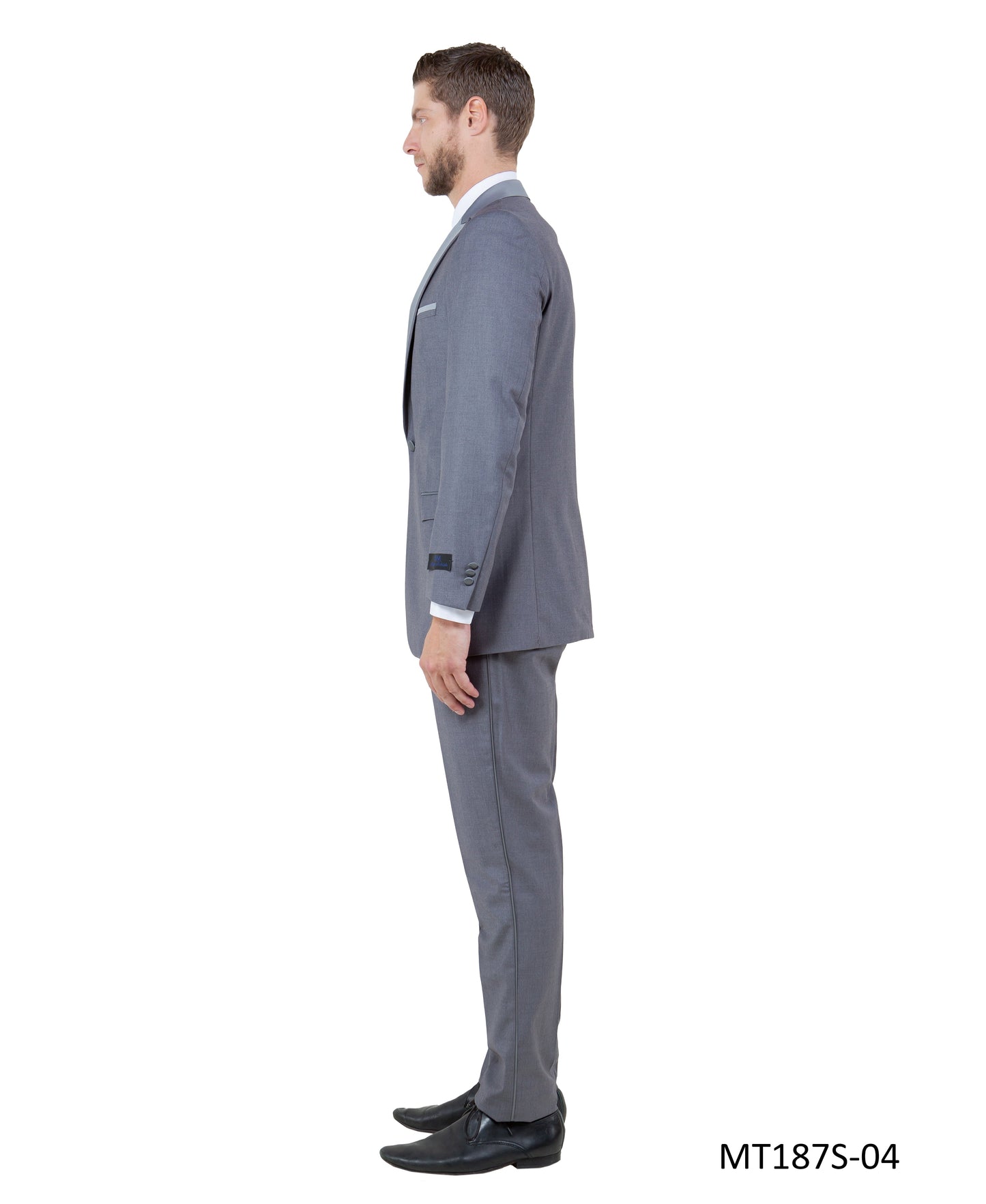 Grey on Grey Satin Peak Lapel With Fabric Trim Slim Fit  2 Piece Bryan Michaels Men's Tuxedo