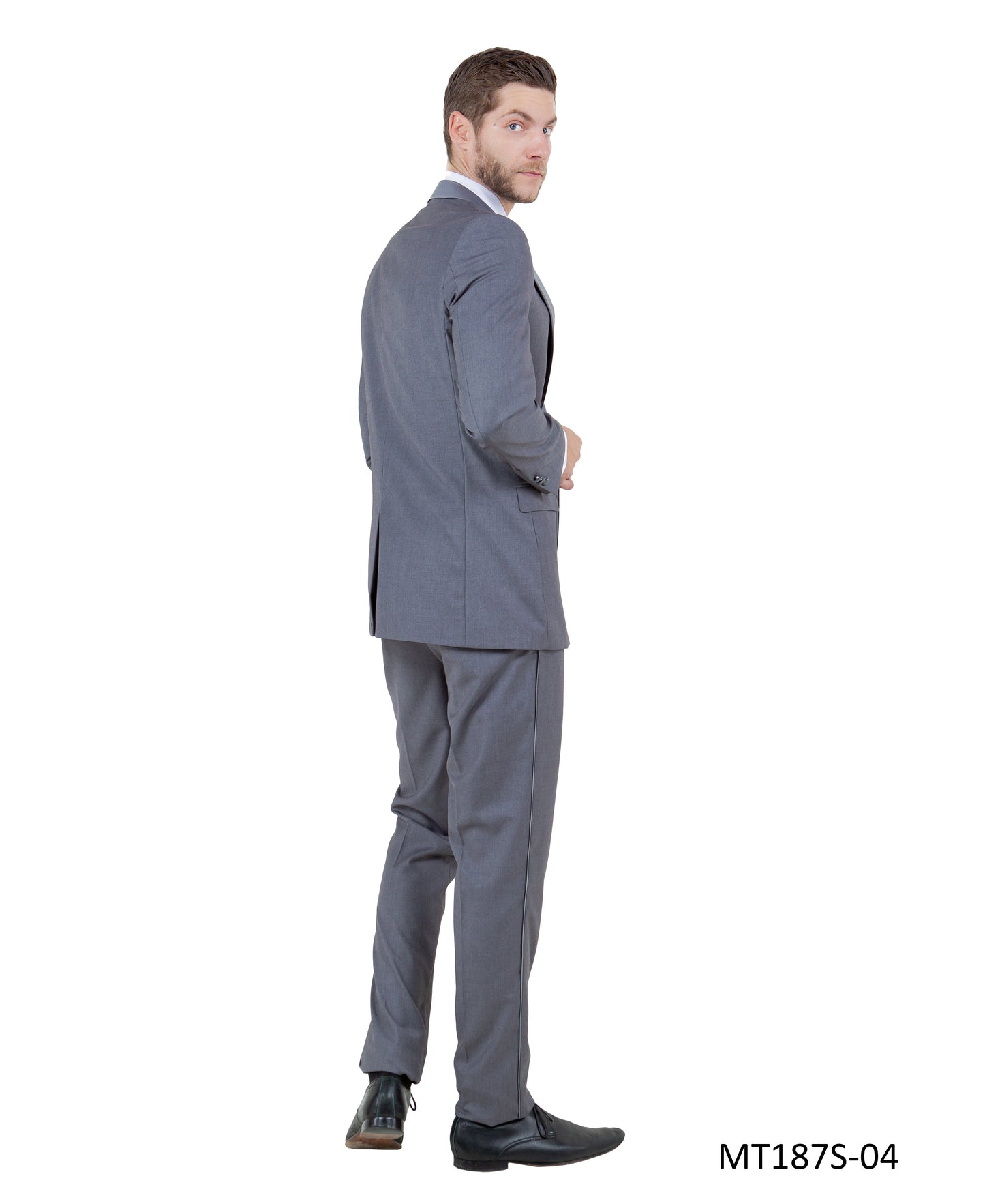 Grey on Grey Satin Peak Lapel With Fabric Trim Slim Fit  2 Piece Bryan Michaels Men's Tuxedo