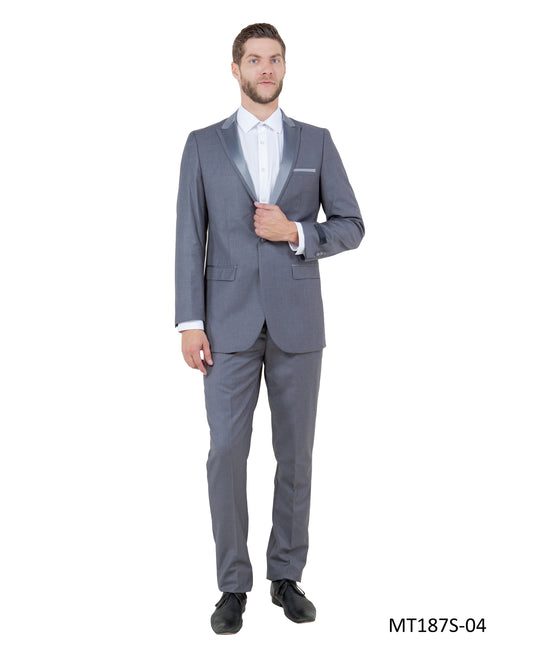 Grey on Grey Satin Peak Lapel With Fabric Trim Slim Fit  2 Piece Bryan Michaels Men's Tuxedo