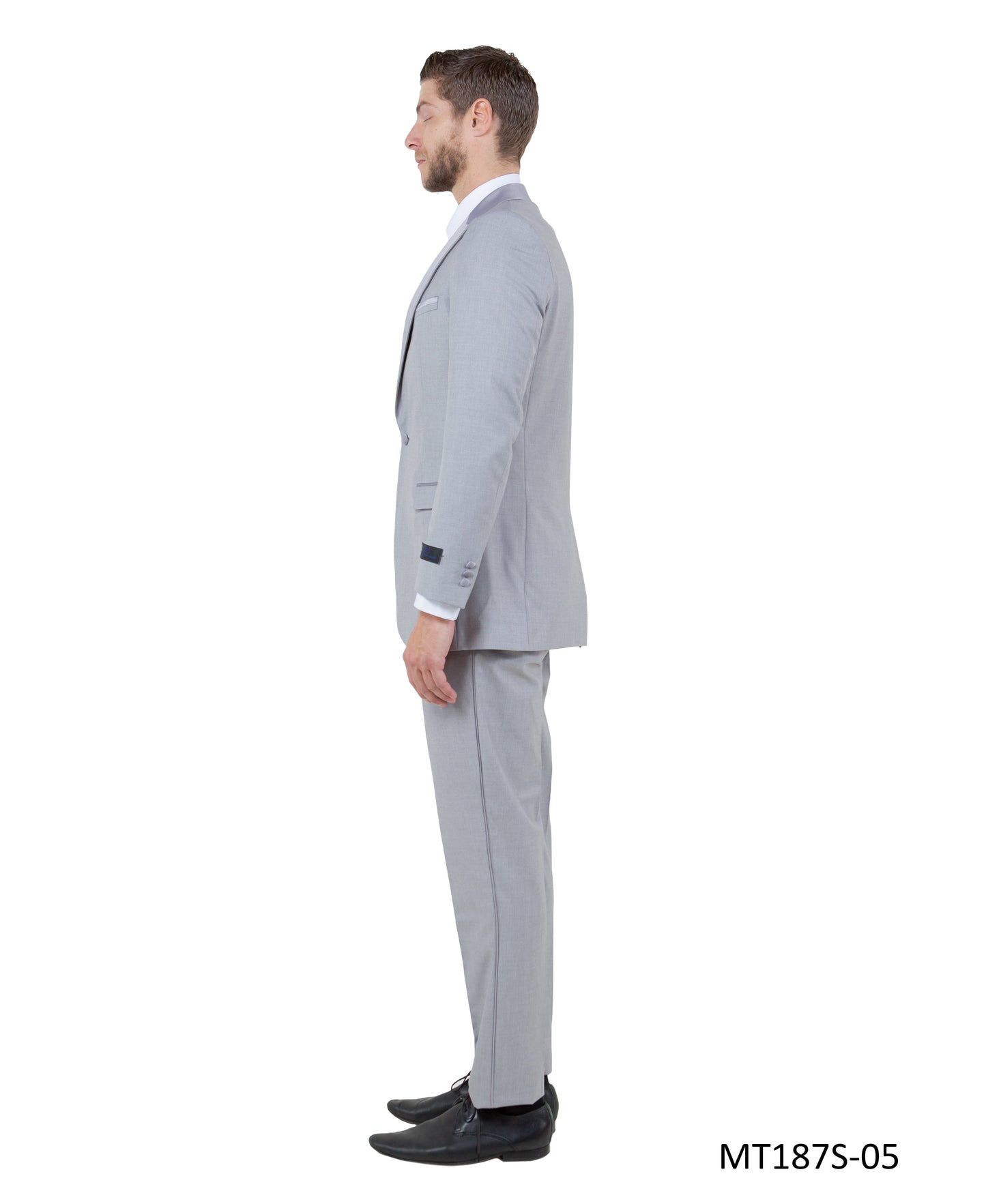 Light Grey on Light Grey Satin Peak Lapel With Fabric Trim Slim Fit  2 Piece Bryan Michaels Men's Tuxedo