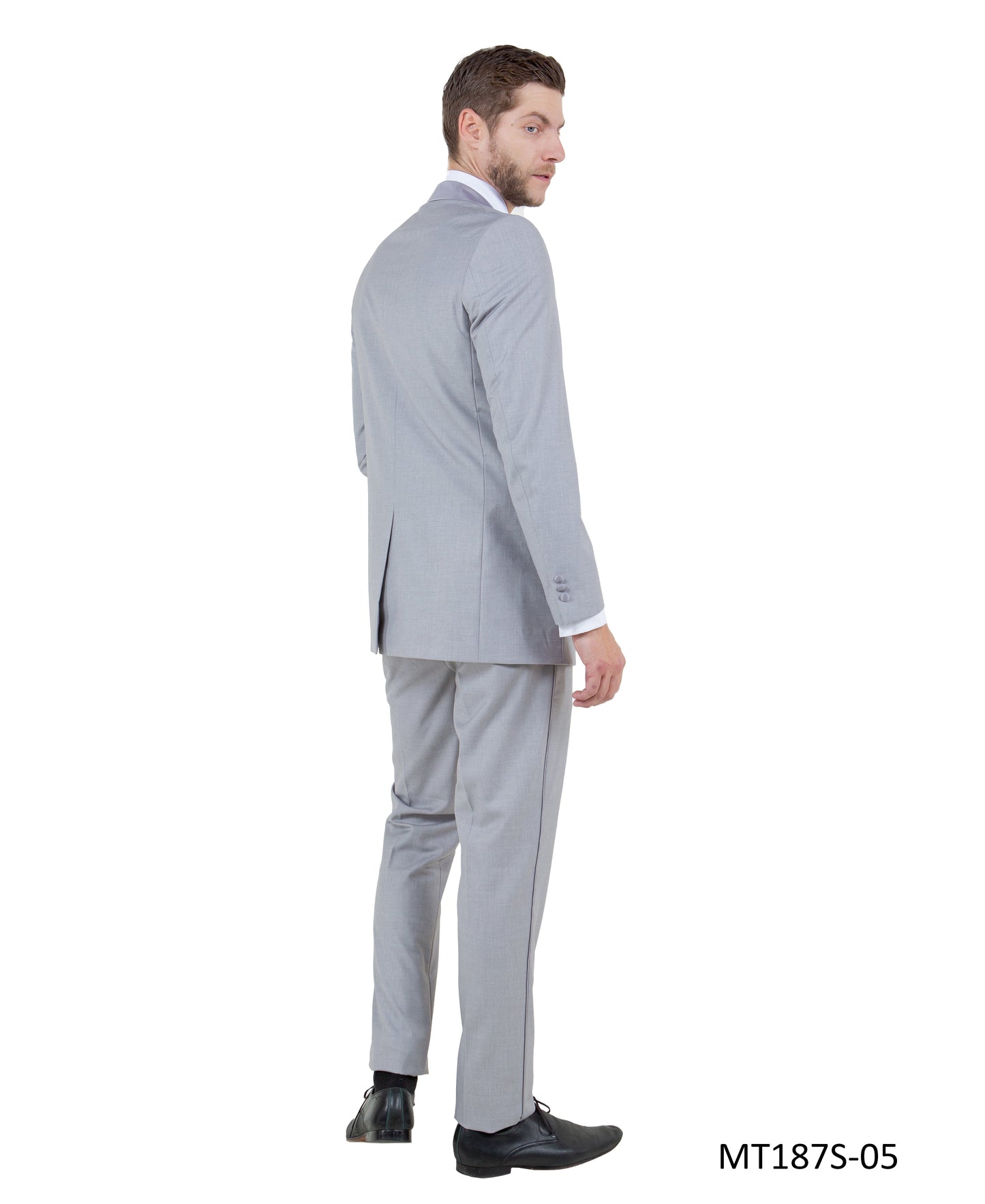 Light Grey on Light Grey Satin Peak Lapel With Fabric Trim Slim Fit  2 Piece Bryan Michaels Men's Tuxedo