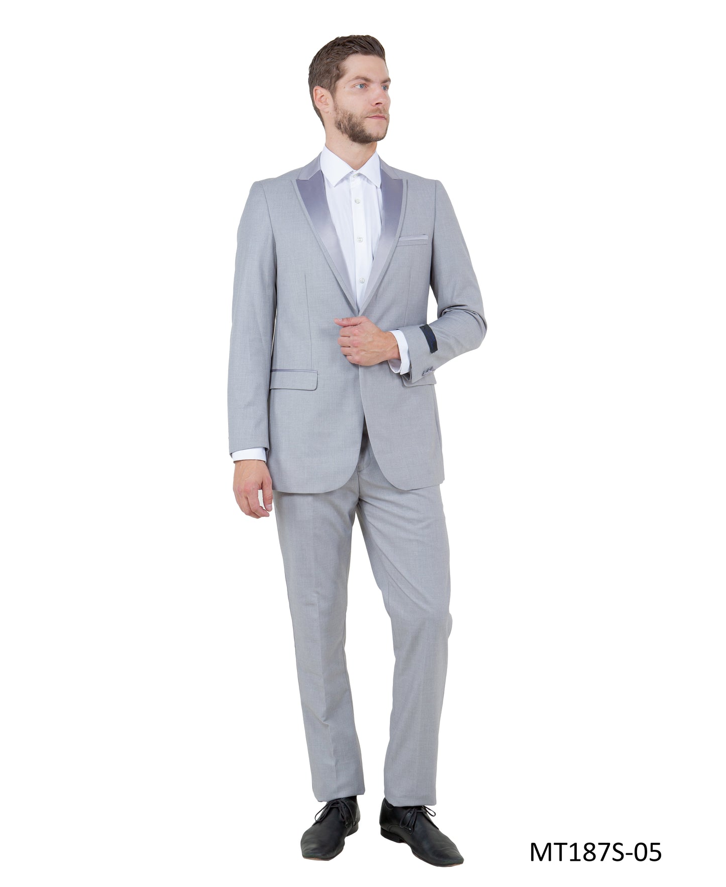 Light Grey on Light Grey Satin Peak Lapel With Fabric Trim Slim Fit  2 Piece Bryan Michaels Men's Tuxedo