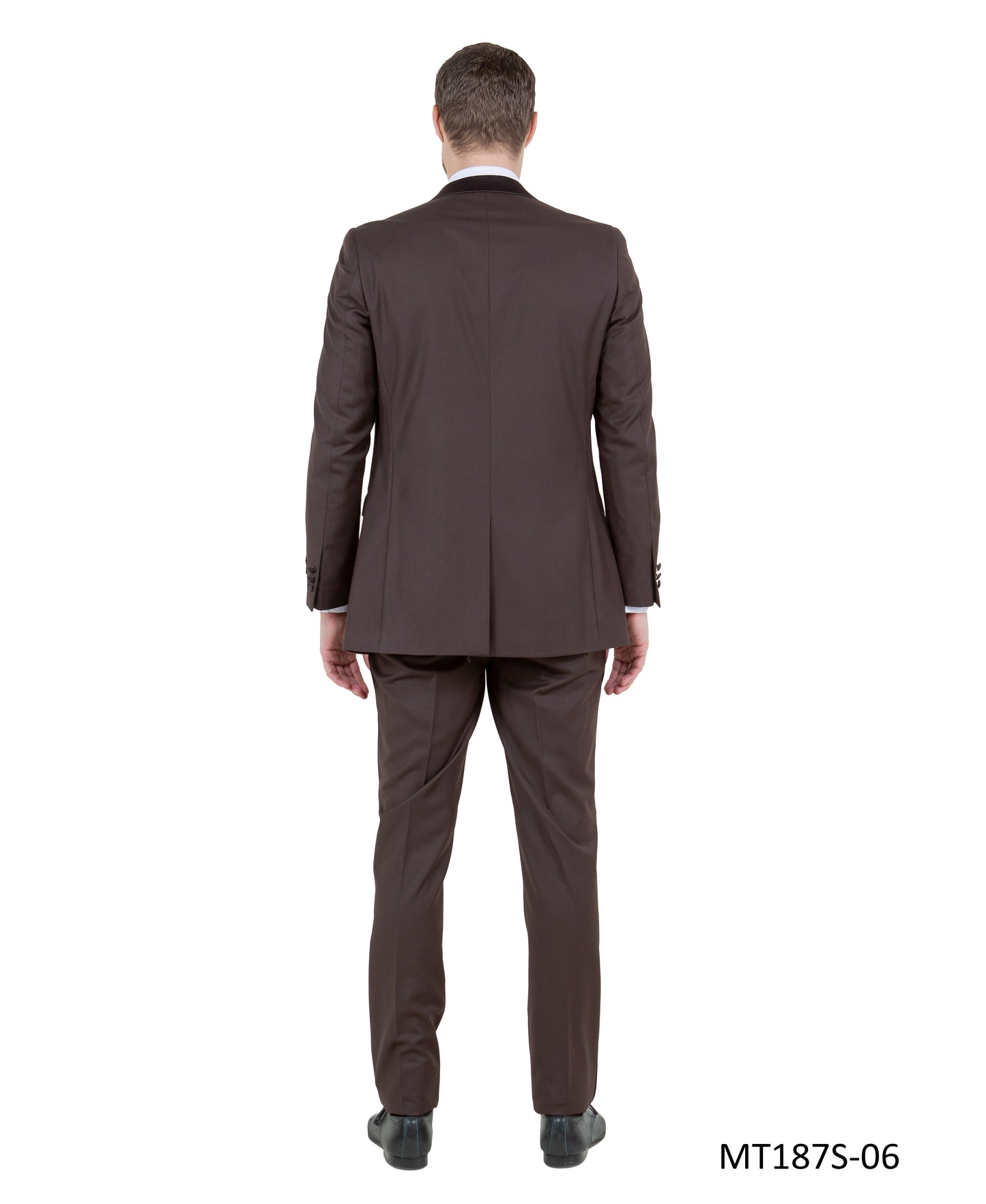 Brown on Brown Satin Peak Lapel With Fabric Trim Slim Fit  2 Piece Bryan Michaels Men's Tuxedo