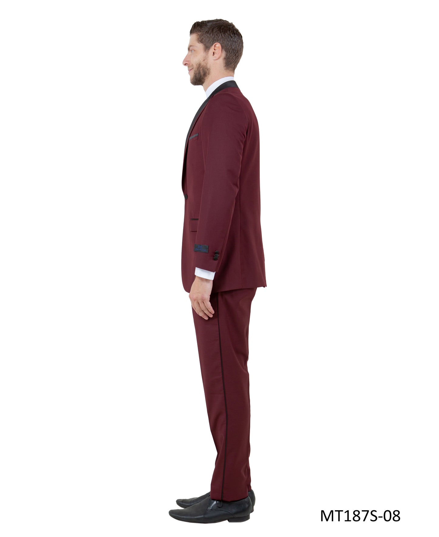 Burgundy on Black Satin Peak Lapel With Fabric Trim Slim Fit  2 Piece Bryan Michaels Men's Tuxedo