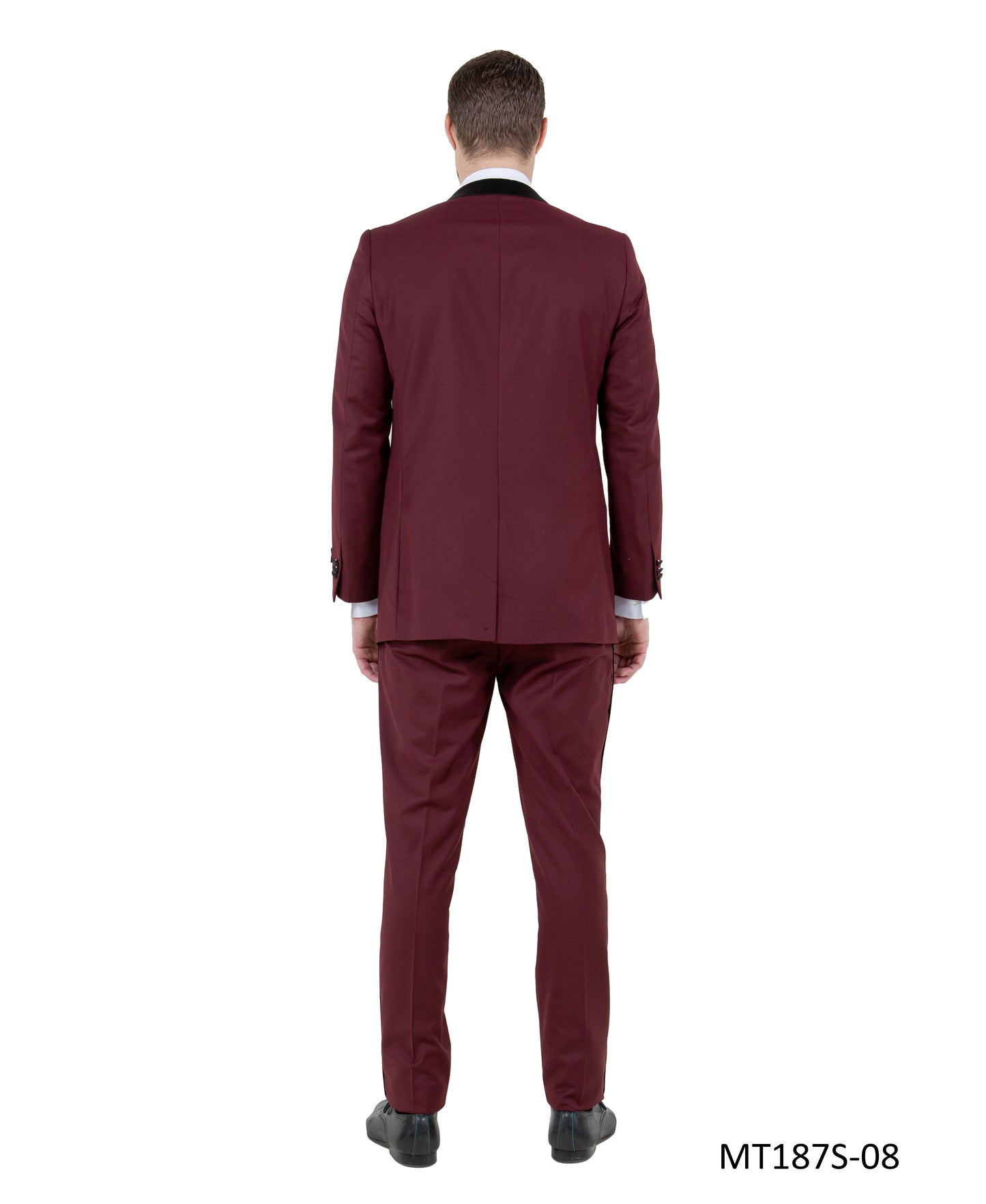 Burgundy on Black Satin Peak Lapel With Fabric Trim Slim Fit  2 Piece Bryan Michaels Men's Tuxedo