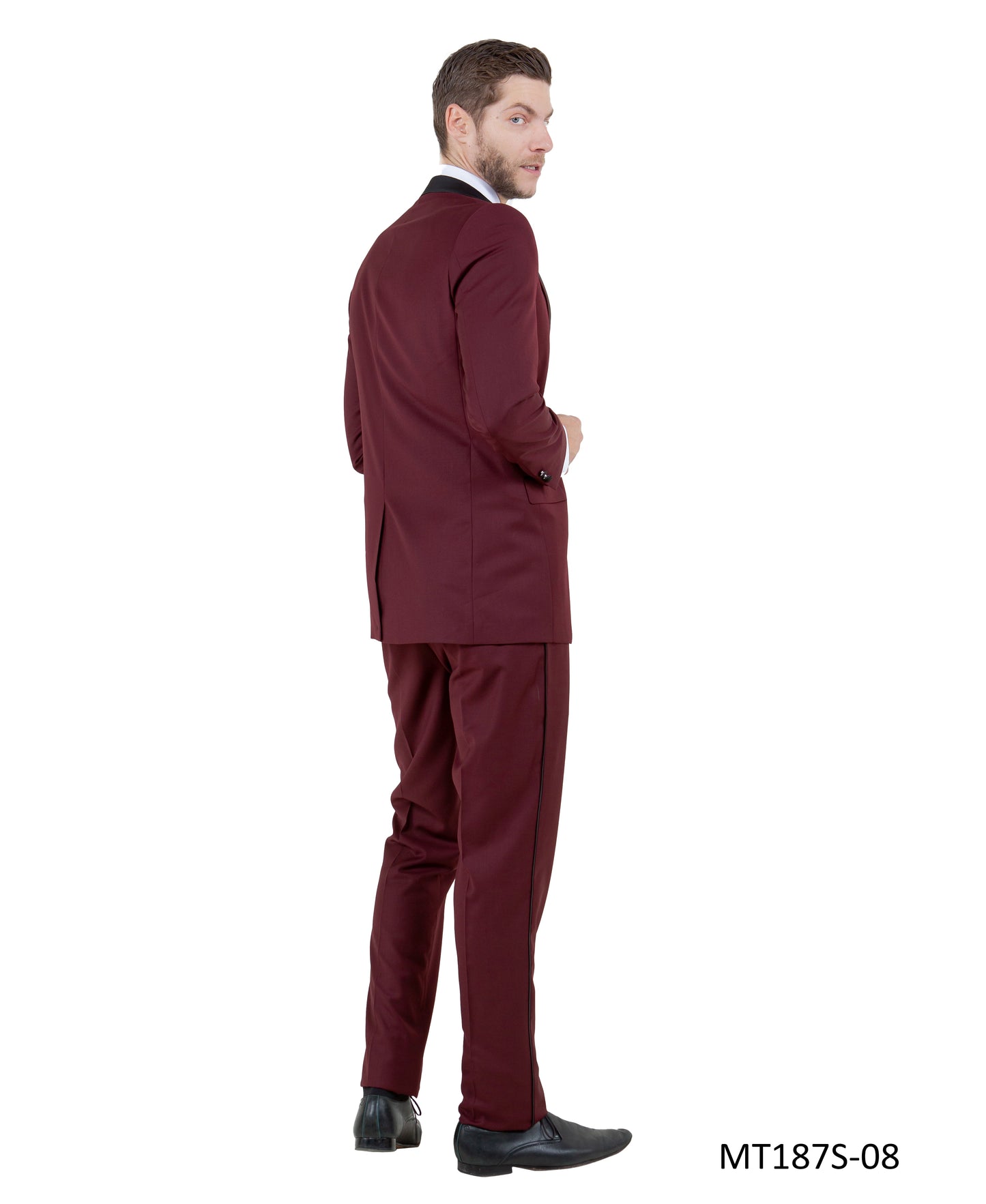 Burgundy on Black Satin Peak Lapel With Fabric Trim Slim Fit  2 Piece Bryan Michaels Men's Tuxedo