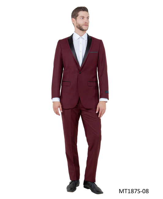 Burgundy on Black Satin Peak Lapel With Fabric Trim Slim Fit  2 Piece Bryan Michaels Men's Tuxedo