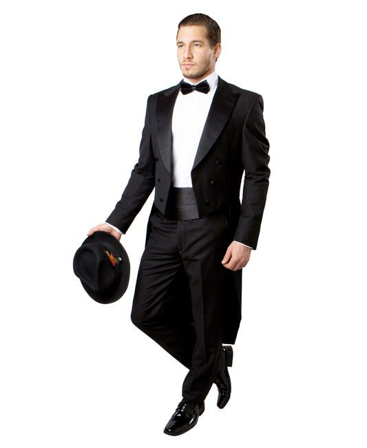 Black on Black Satin Peak Lapel Modern Fit 2 Piece Bryan Michaels Men's Tail Tuxedo