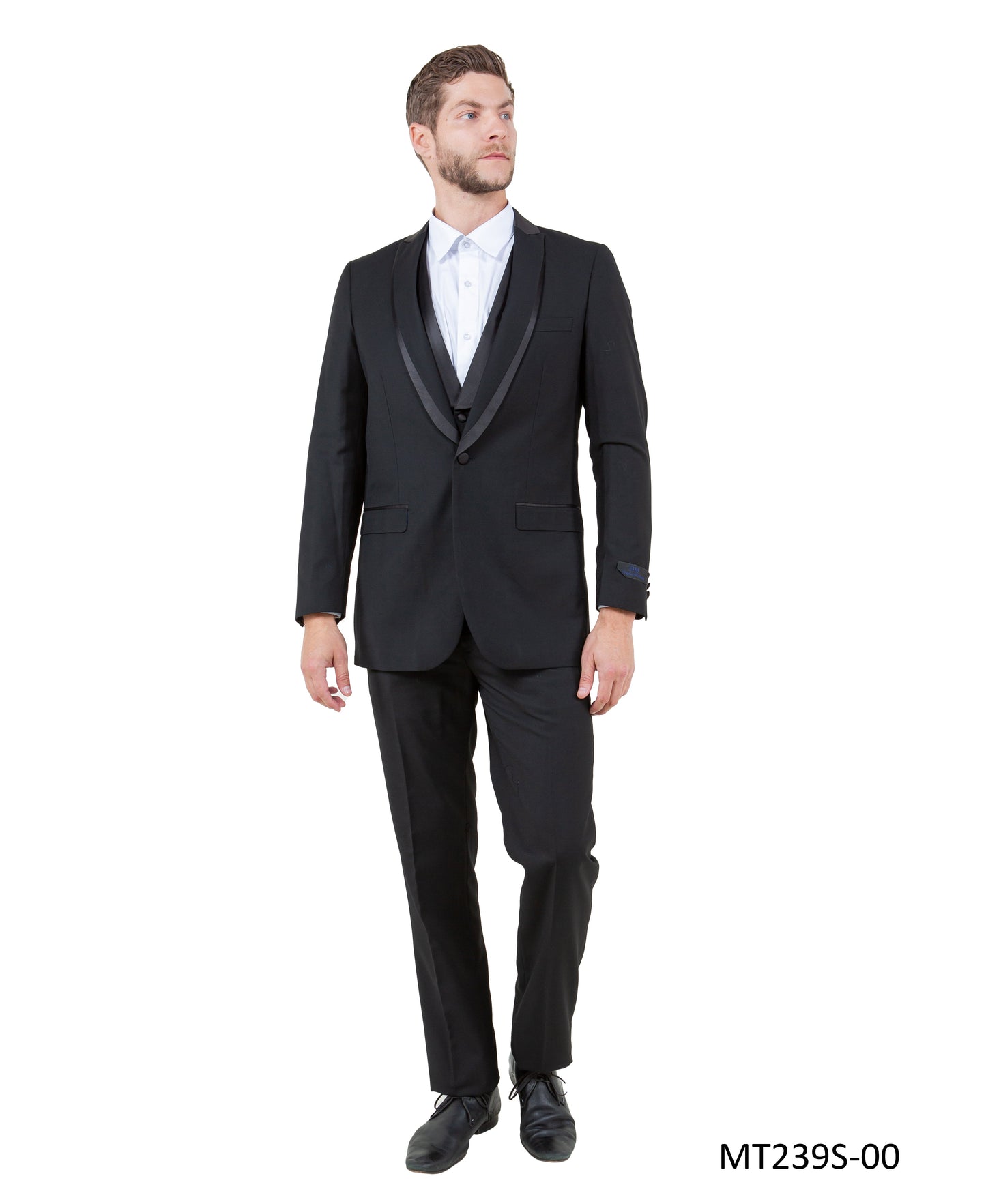 Black on Black Satin Peak Lapel With Satin Trim Slim Fit 3 Piece Bryan Michaels Men's Tuxedo