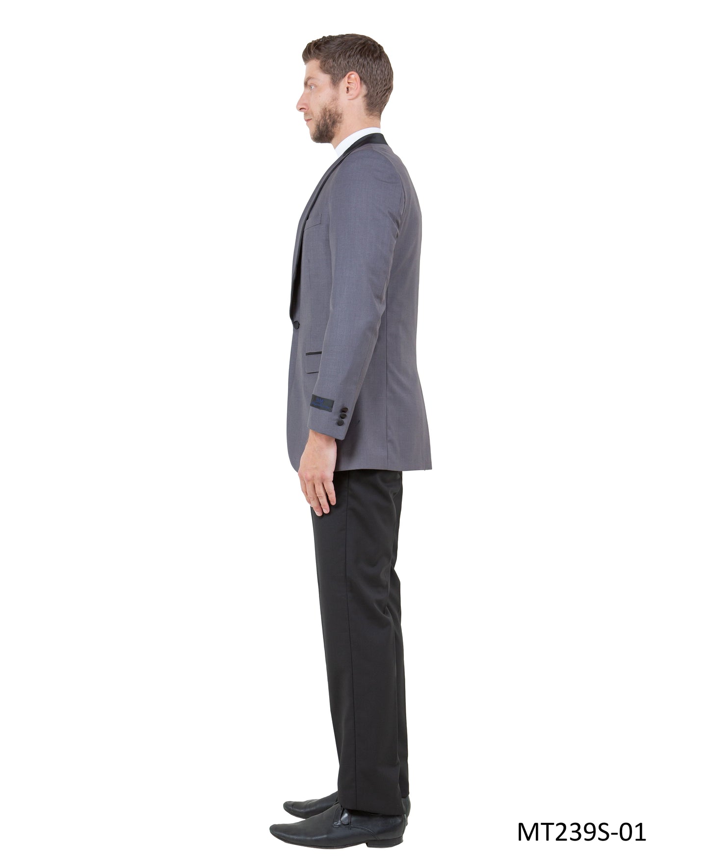 Grey on Black Satin Peak Lapel With Satin Trim Slim Fit 3 Piece Bryan Michaels Men's Tuxedo