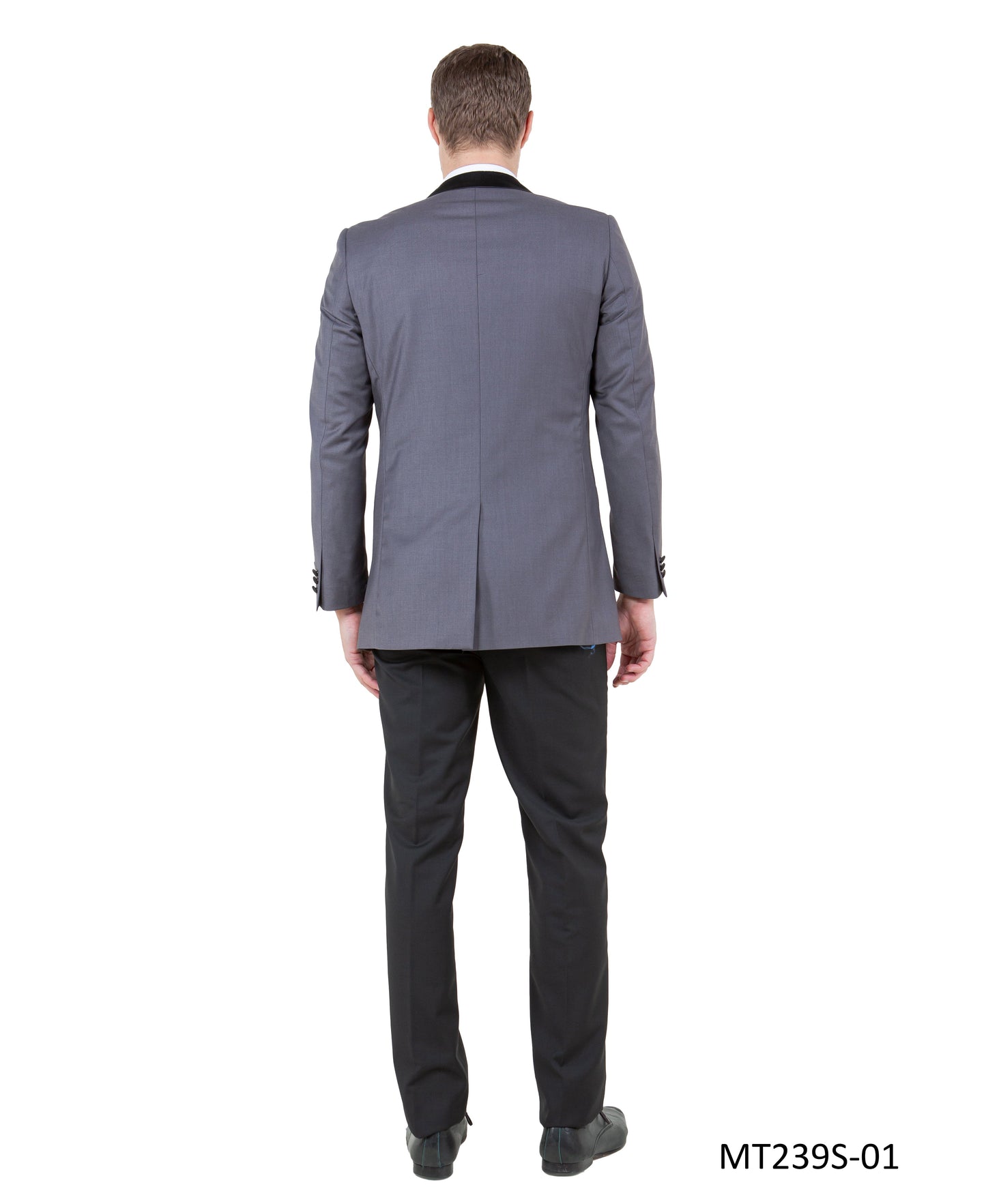 Grey on Black Satin Peak Lapel With Satin Trim Slim Fit 3 Piece Bryan Michaels Men's Tuxedo