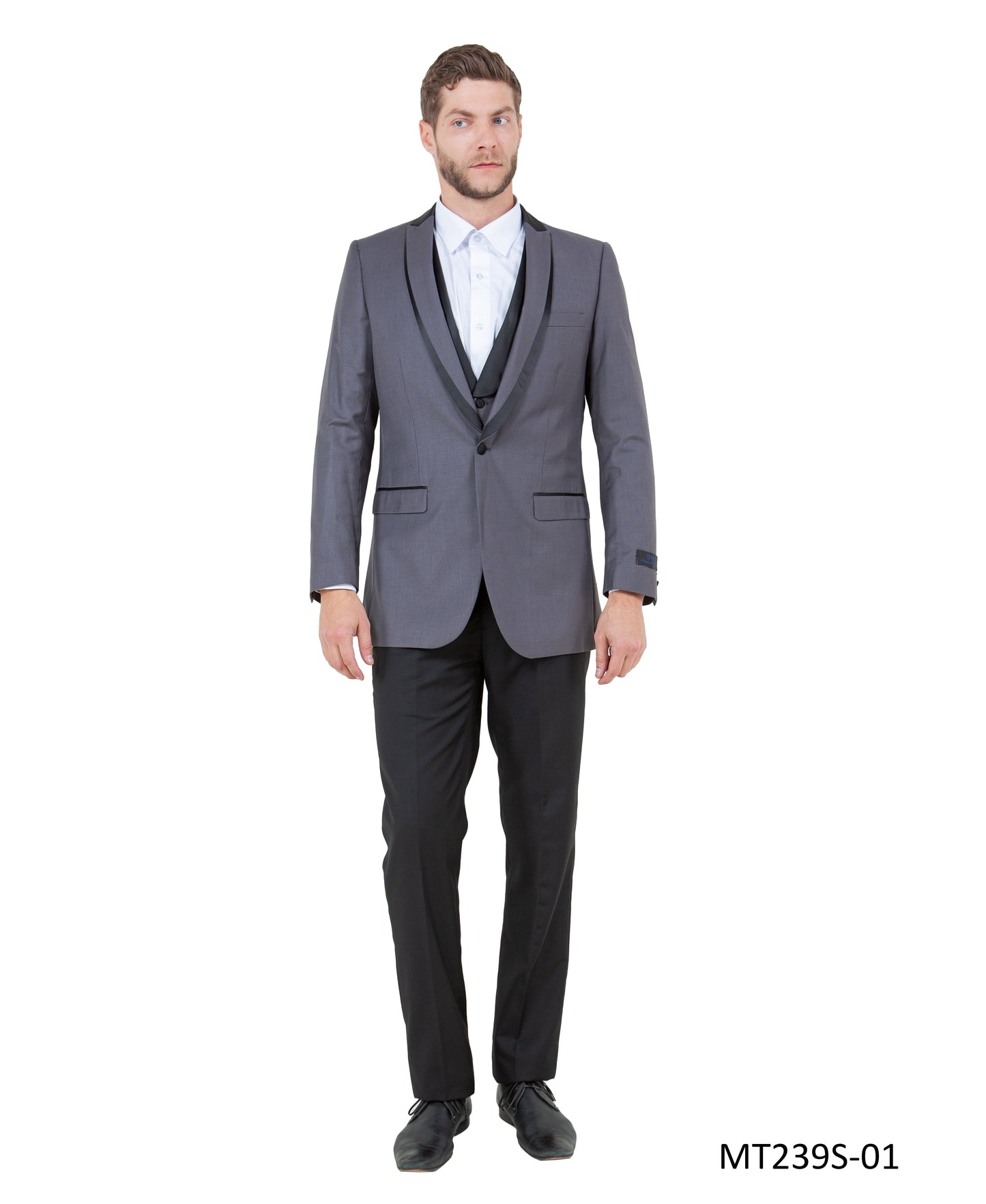 Grey on Black Satin Peak Lapel With Satin Trim Slim Fit 3 Piece Bryan Michaels Men's Tuxedo