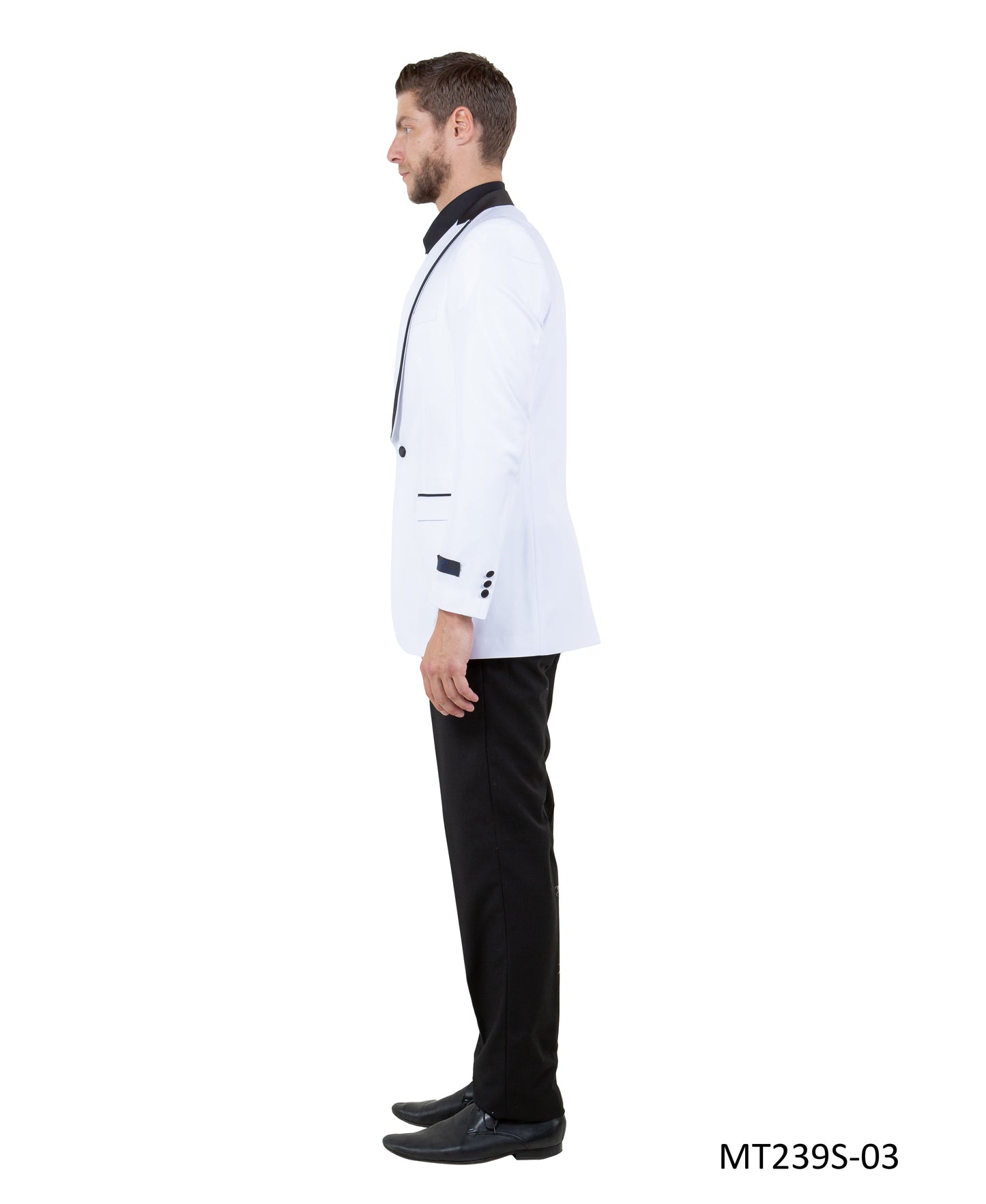 White on Black Satin Peak Lapel With Satin Trim Slim Fit 3 Piece Bryan Michaels Men's Tuxedo