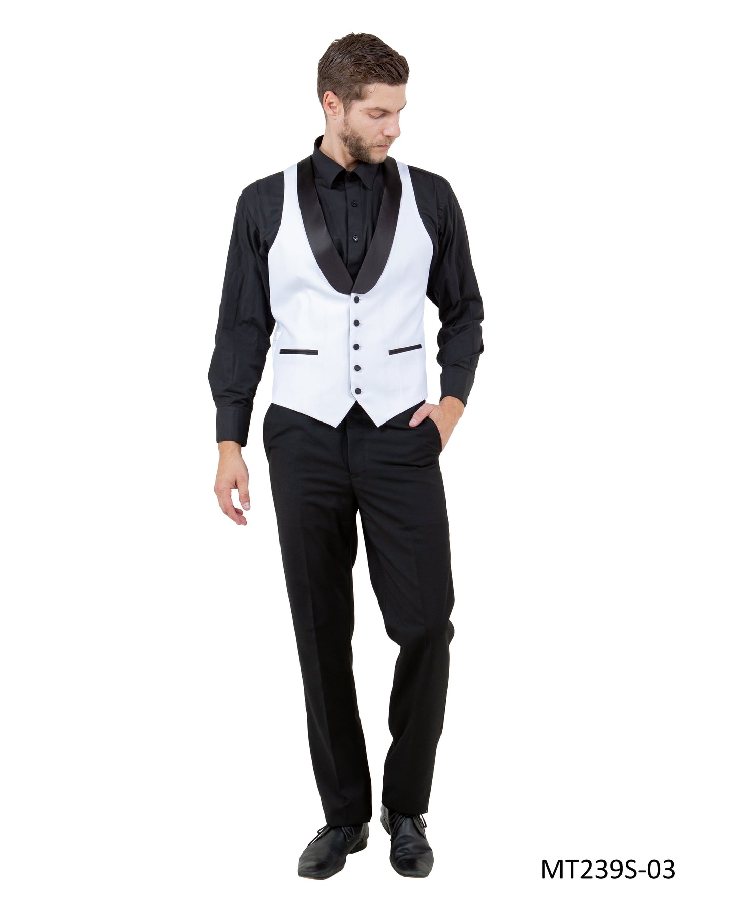 White on Black Satin Peak Lapel With Satin Trim Slim Fit 3 Piece Bryan Michaels Men's Tuxedo