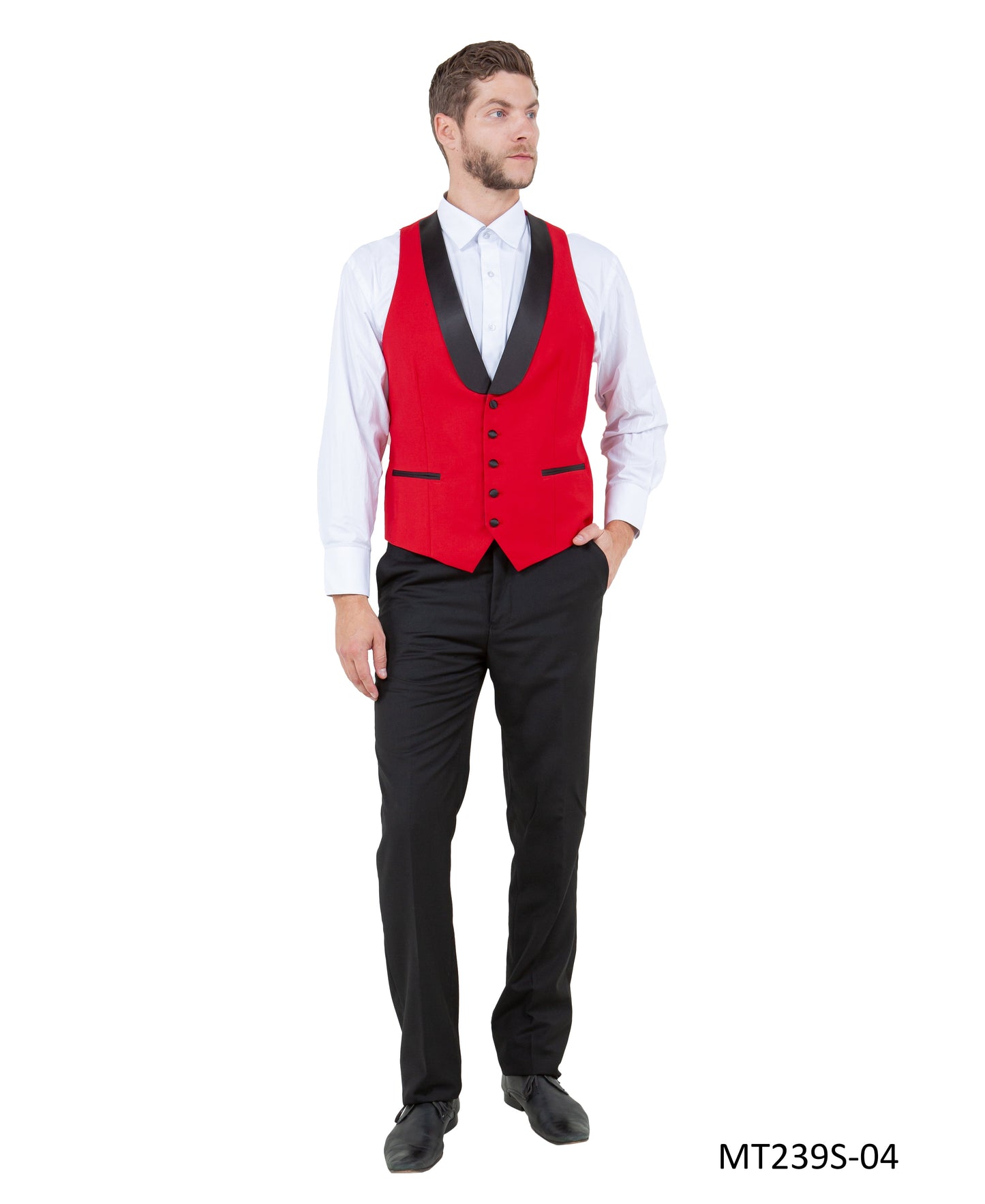 Red on Black Satin Peak Lapel With Satin Trim Slim Fit 3 Piece Bryan Michaels Men's Tuxedo