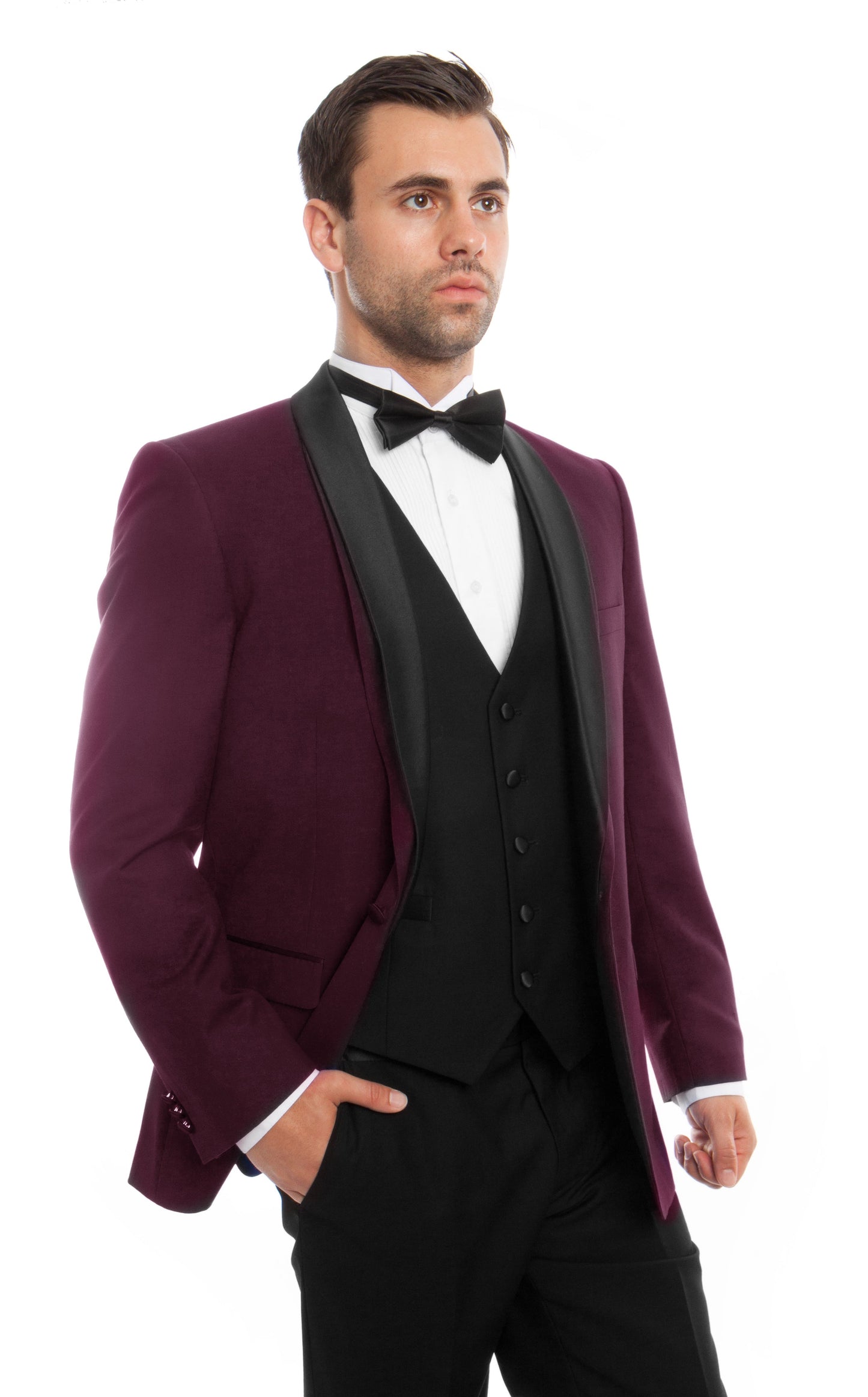 Burgundy on Black Satin Shawl Lapel Slim Fit 3 Piece Bryan Michaels Men's Tuxedo