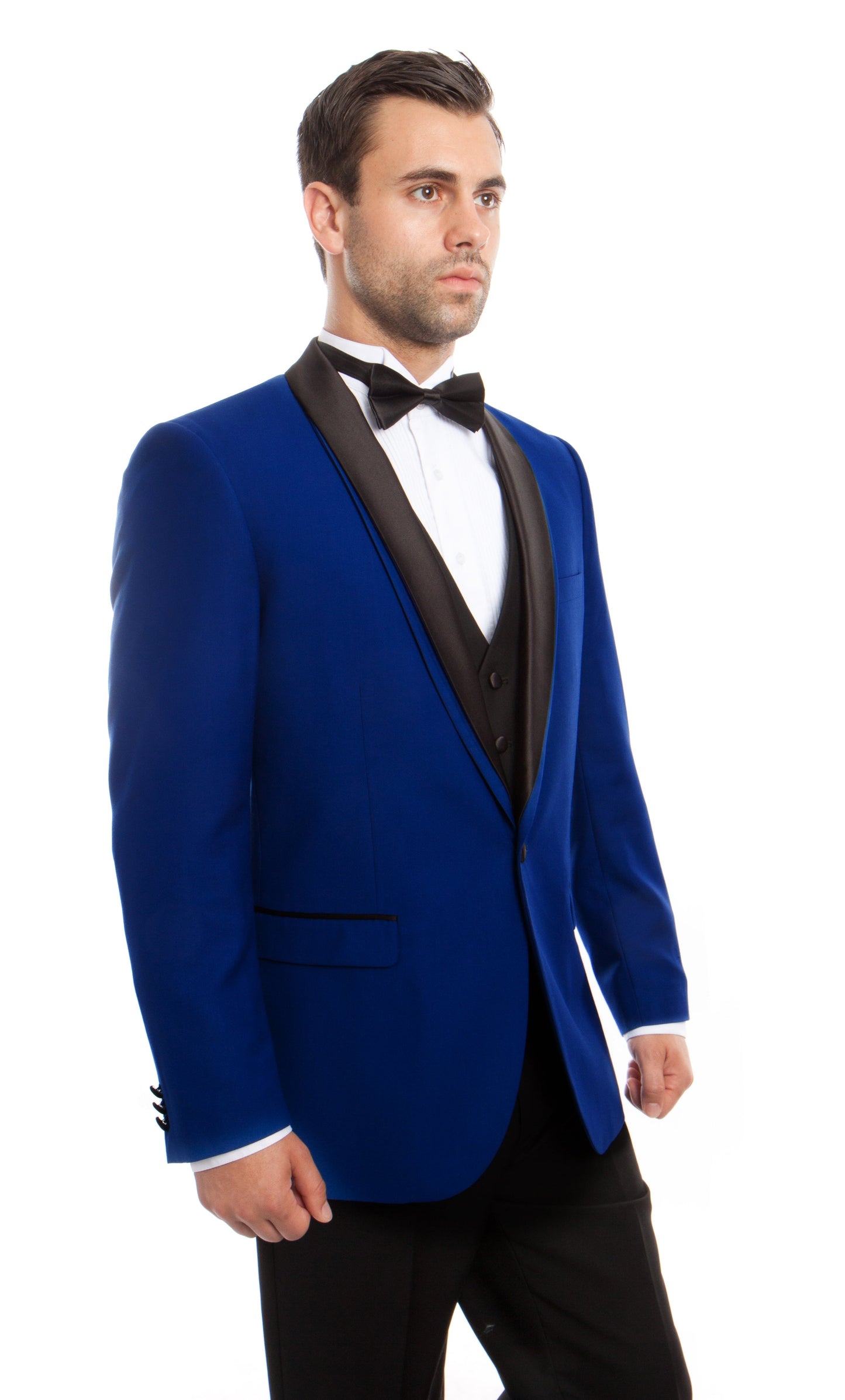 Blue on Black Satin Shawl Lapel Slim Fit 3 Piece Bryan Michaels Men's Tuxedo