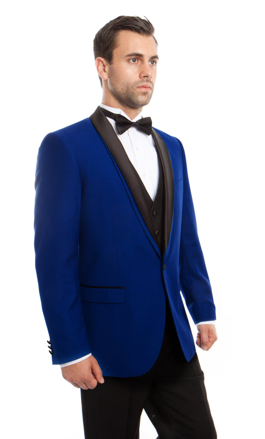 Blue on Black Satin Shawl Lapel Slim Fit 3 Piece Bryan Michaels Men's Tuxedo