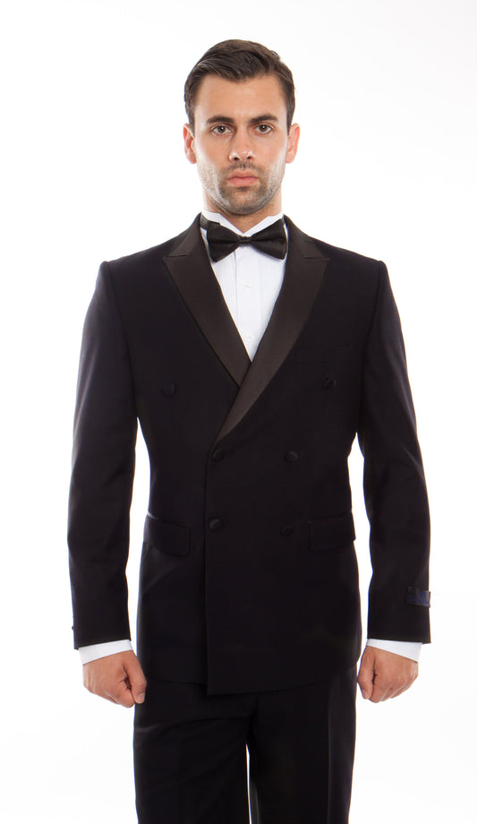 Black on Black Satin Peak Lapel Double Breasted Slim Fit 2 Piece Bryan Michaels Men's Tuxedo