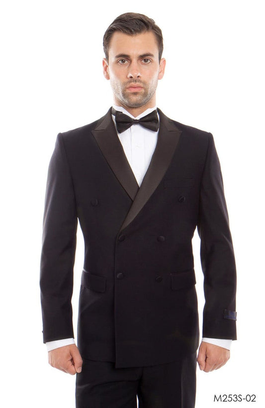 Navy on Black Satin Peak Lapel Double Breasted Slim Fit 2 Piece Bryan Michaels Men's Tuxedo