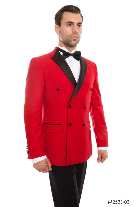 Red on Black Satin Peak Lapel Double Breasted Slim Fit 2 Piece Bryan Michaels Men's Tuxedo