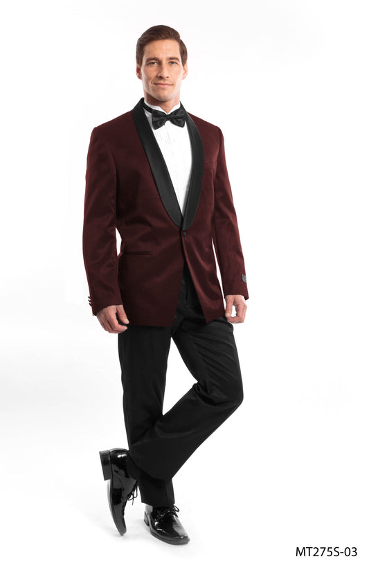 Burgundy on Black Shawl Lapel Birdseye Slim Fit 2 Piece Bryan Michaels Men's Tuxedo