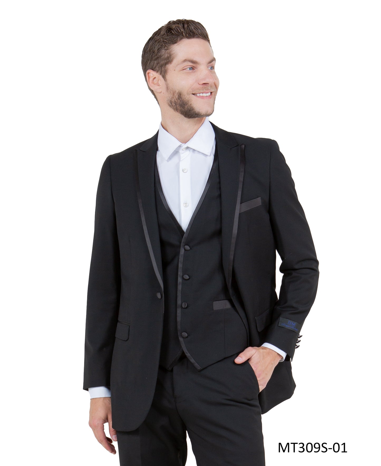 Black on Black Satin Peak Lapel With Satin Trim Slim Fit  2 Piece Tazzio Men's Tuxedo