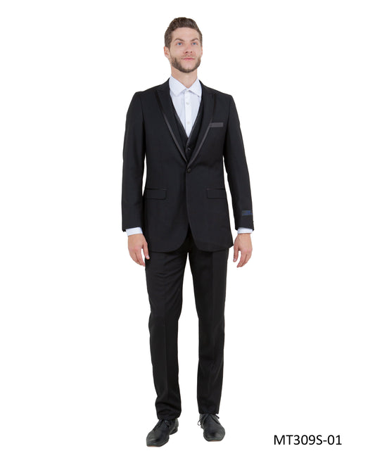 Black on Black Satin Peak Lapel With Satin Trim Slim Fit  2 Piece Tazzio Men's Tuxedo