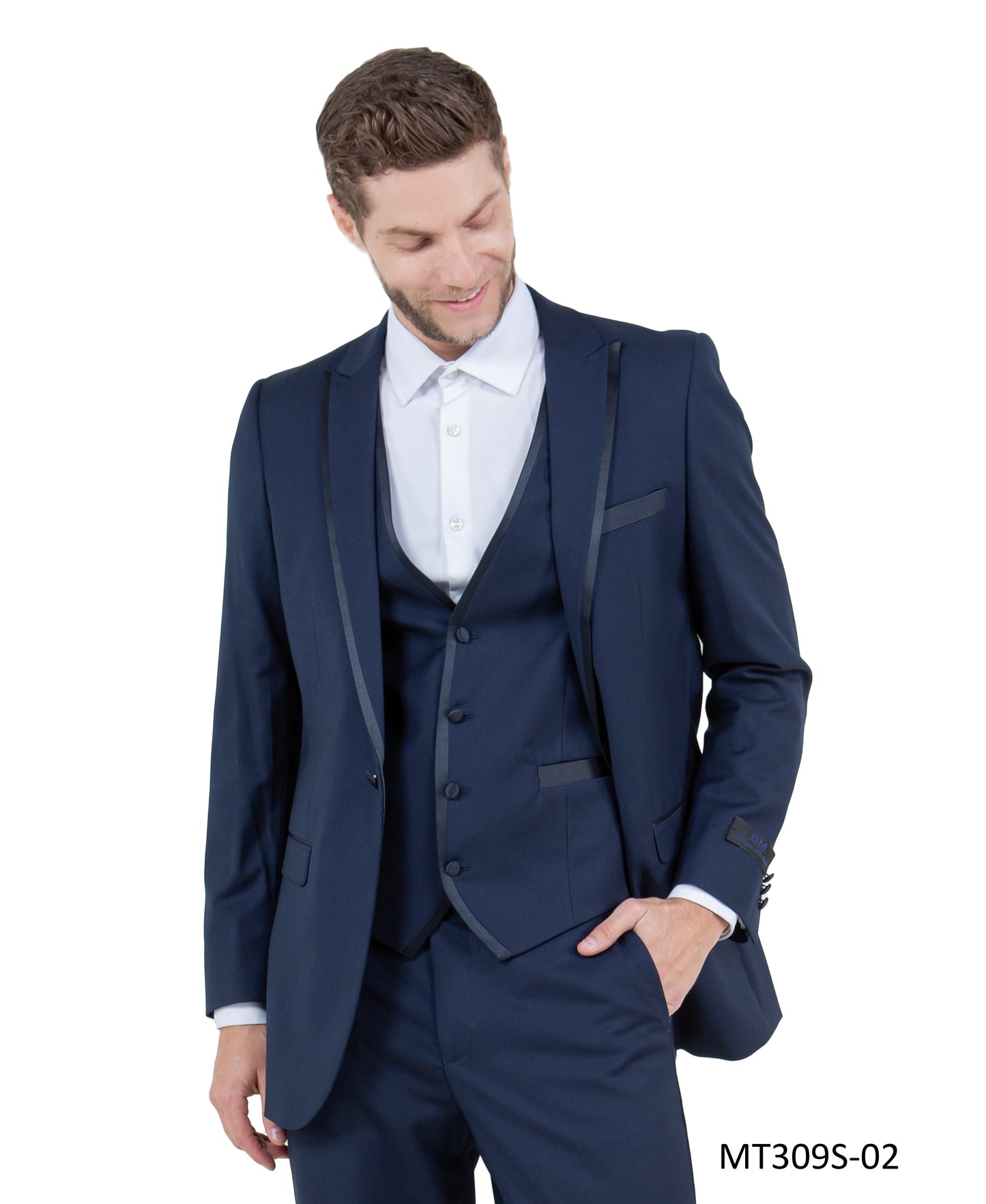 Navy on Navy Satin Peak Lapel With Satin Trim Slim Fit  2 Piece Tazzio Men's Tuxedo