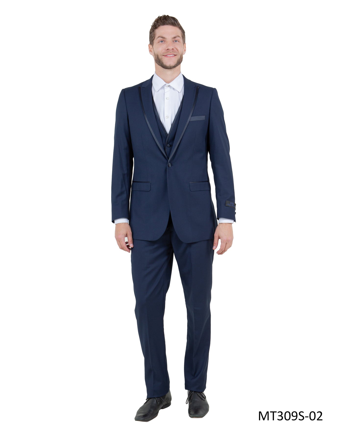 Navy on Navy Satin Peak Lapel With Satin Trim Slim Fit  2 Piece Tazzio Men's Tuxedo