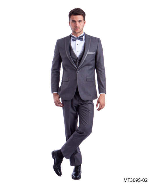 Mid Grey on Mid Grey Satin Peak Lapel With Satin Trim Slim Fit  2 Piece Tazzio Men's Tuxedo