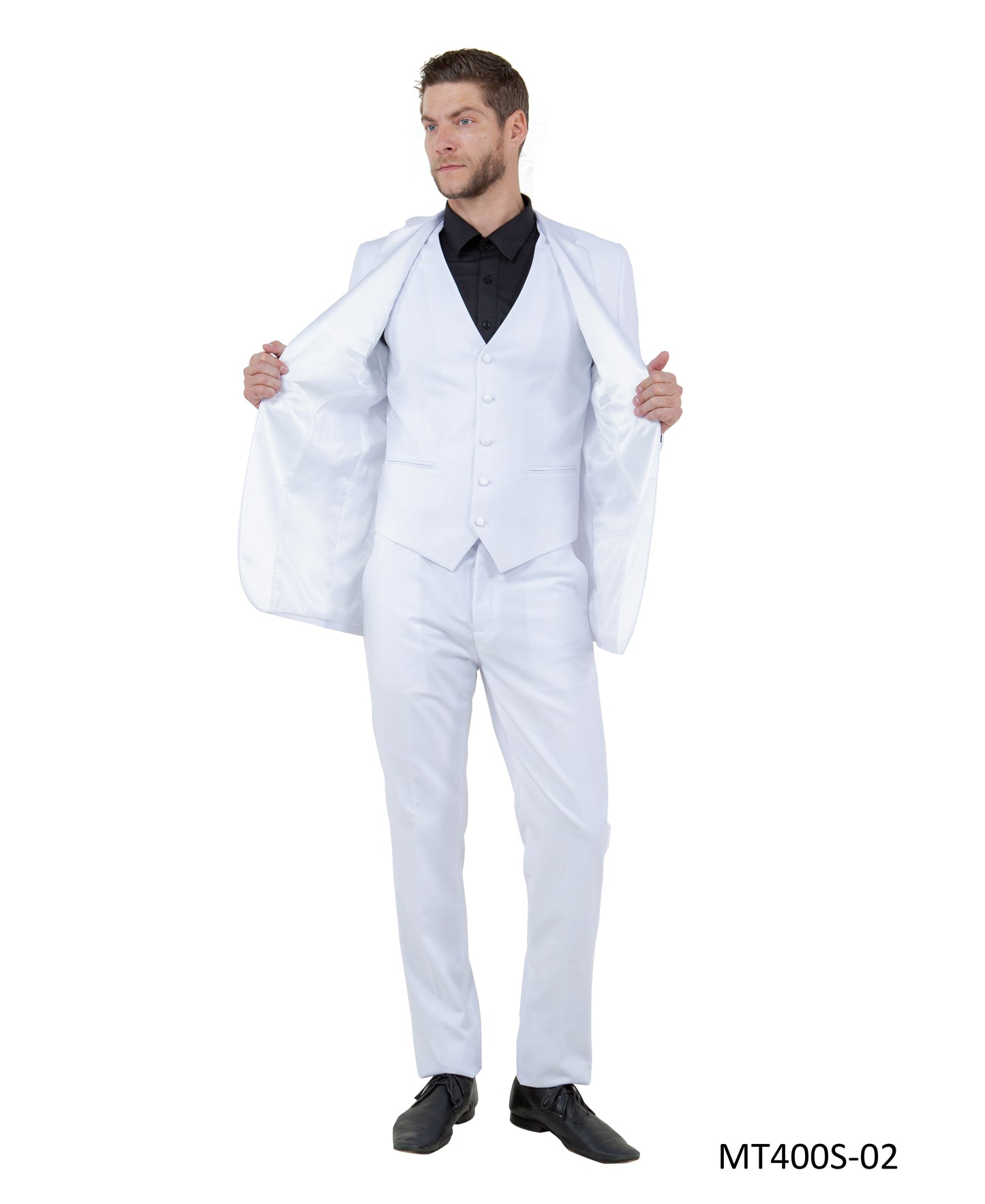 White on White Satin Peak Lapel  Modern Fit  3 Piece Bryan Michaels Men's Tuxedo