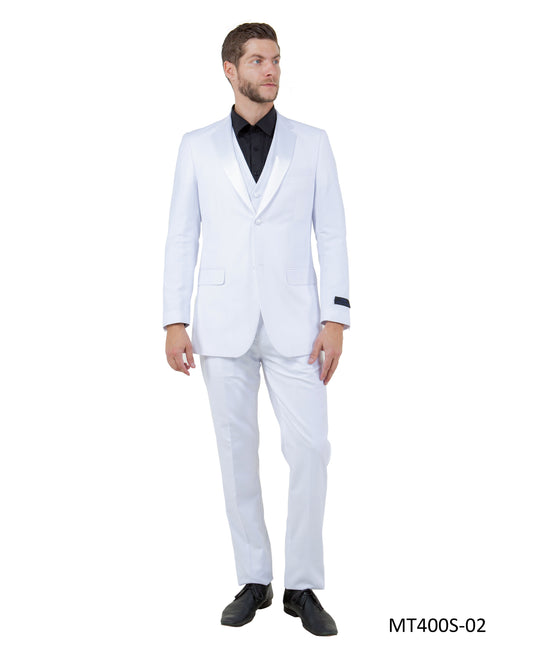 White on White Satin Peak Lapel  Modern Fit  3 Piece Bryan Michaels Men's Tuxedo