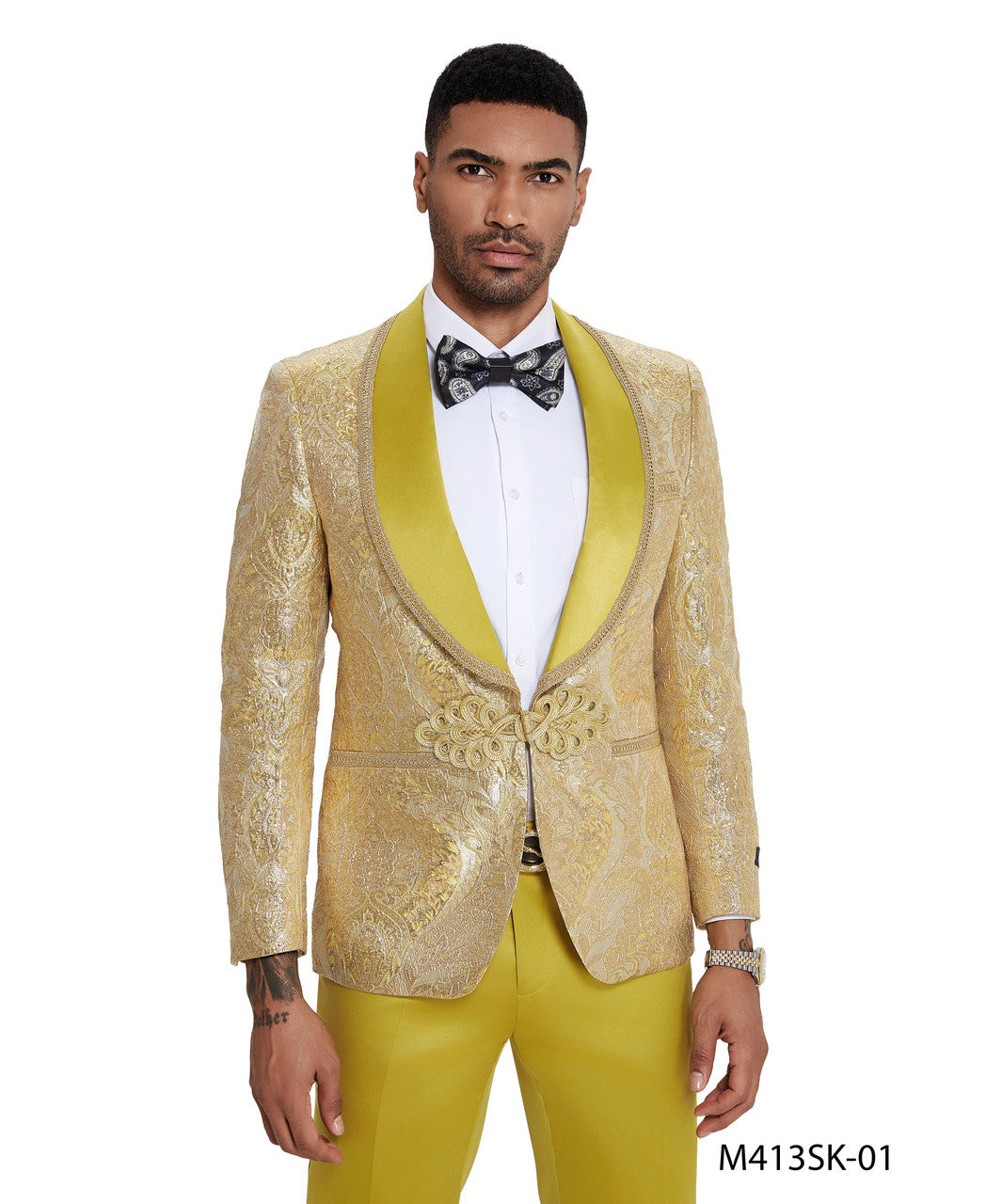 Gold Paisley Wide Shawl Lapel Clasp Closure 2 Piece Skinny Fit Tazzio Men's Suit With Matching Bow Tie