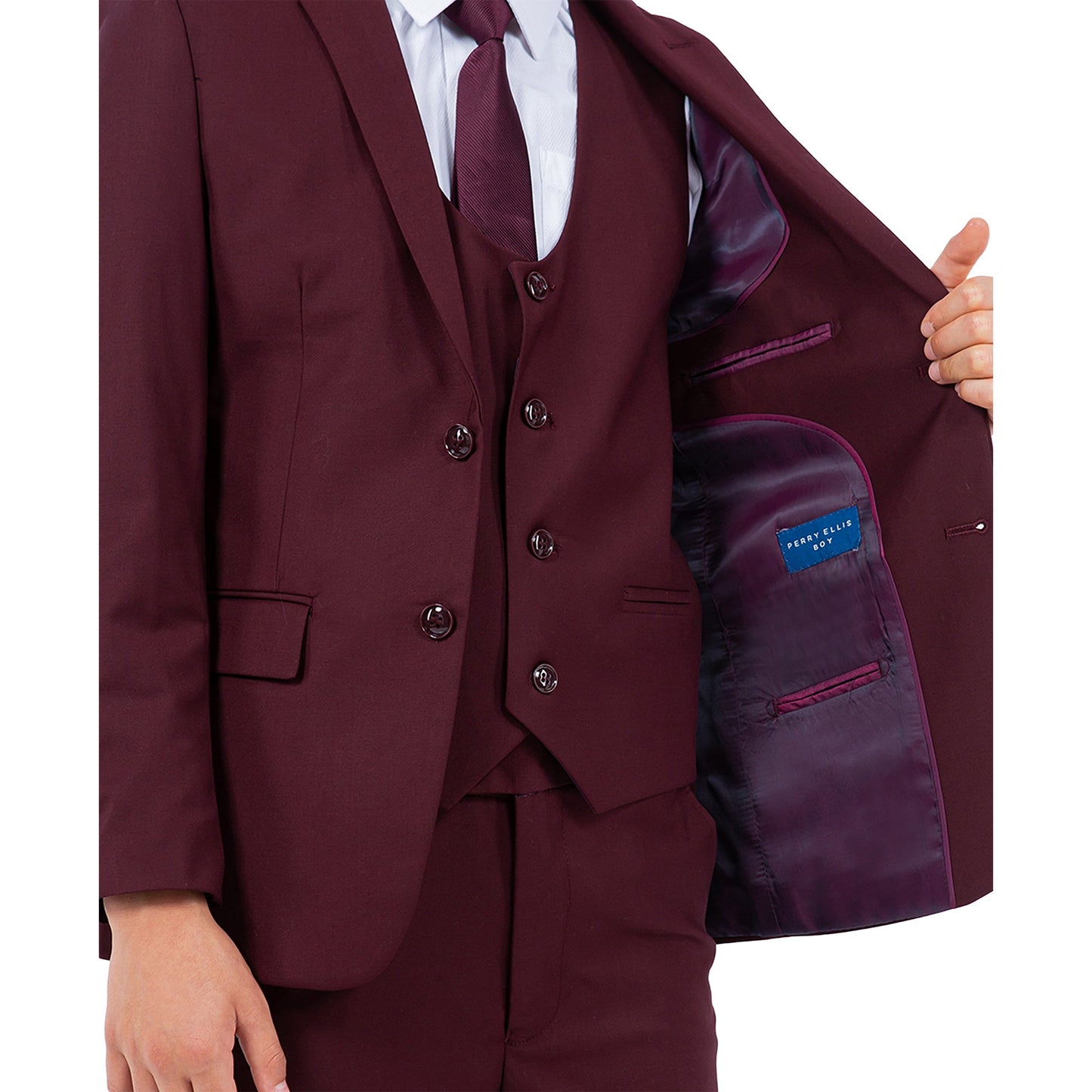 Burgundy Notch Lapel 5 Piece Slim Fit Perry Ellis Boy's Suit