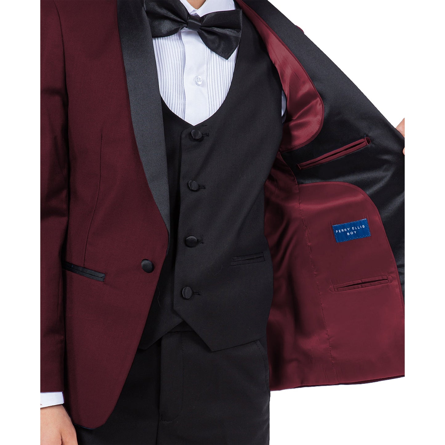 Burgundy/Black Shawl Lapel 5 Piece Slim Fit Perry Ellis Boy'sTuxedo