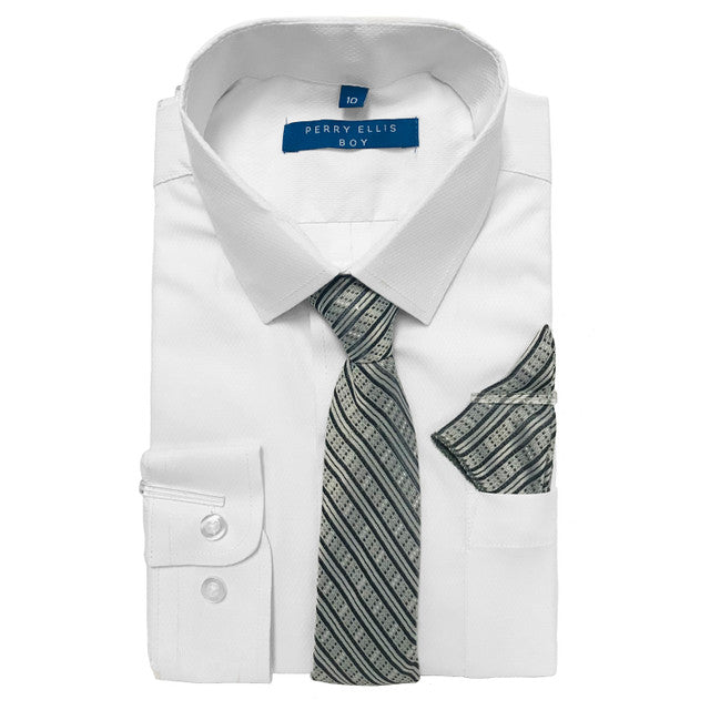 White Shirt With Mid Grey Tie Slim Fit Perry Ellis Boy's Shirt