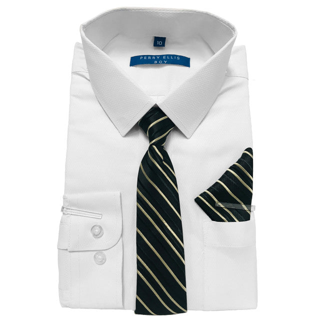 White Shirt With Tan Tie Slim Fit Perry Ellis Boy's Shirt