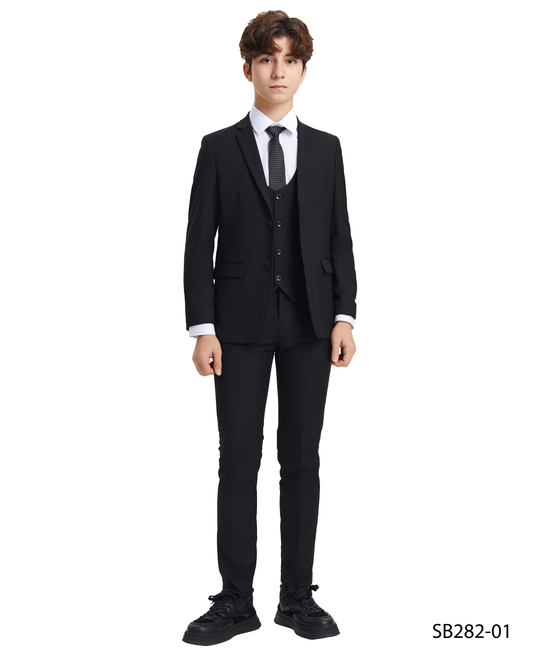 Solid Black Notch Lapel 5 Piece Slim Fit Stacy Adams Boy's Suit