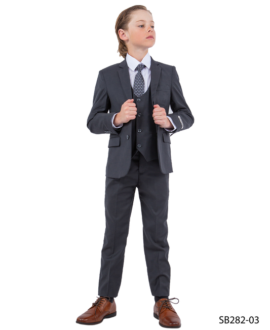 Solid Charcoal Grey Notch Lapel 5 Piece Slim Fit Stacy Adams Boy's Suit