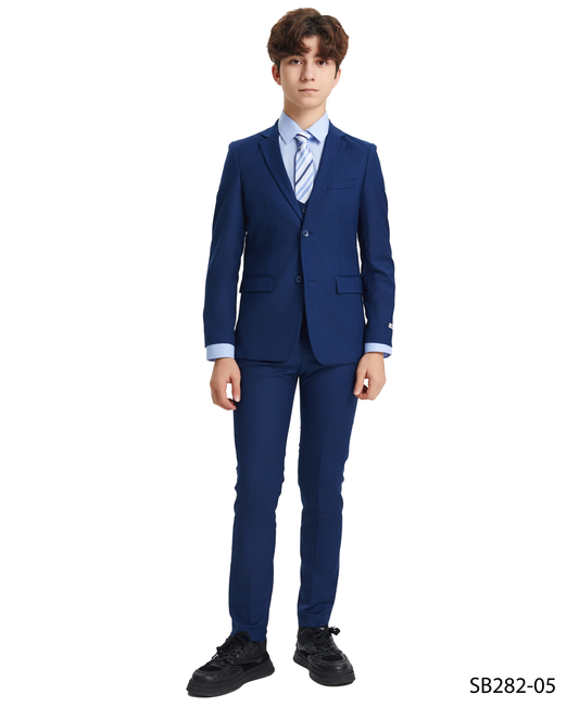 Solid Indigo Notch Lapel 5 Piece Slim Fit Stacy Adams Boy's Suit