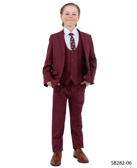 Solid Burgundy Notch Lapel 5 Piece Slim Fit Stacy Adams Boy's Suit
