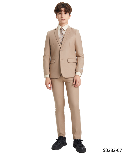 Solid Med Tan Notch Lapel 5 Piece Slim Fit Stacy Adams Boy's Suit