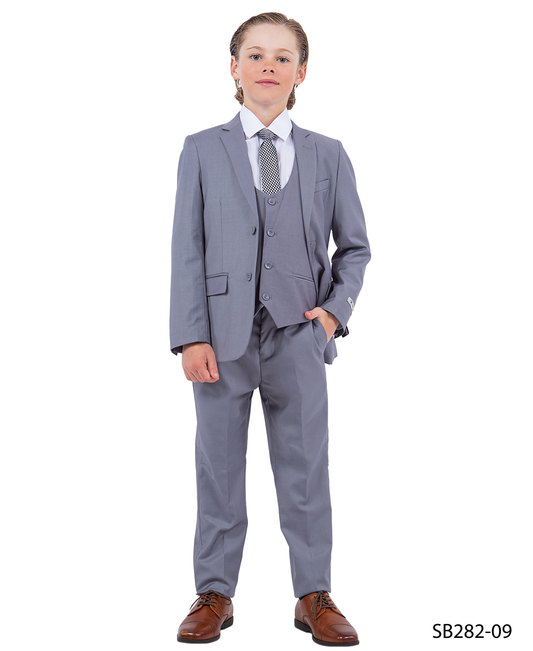 Solid Med Grey Notch Lapel 5 Piece Slim Fit Stacy Adams Boy's Suit