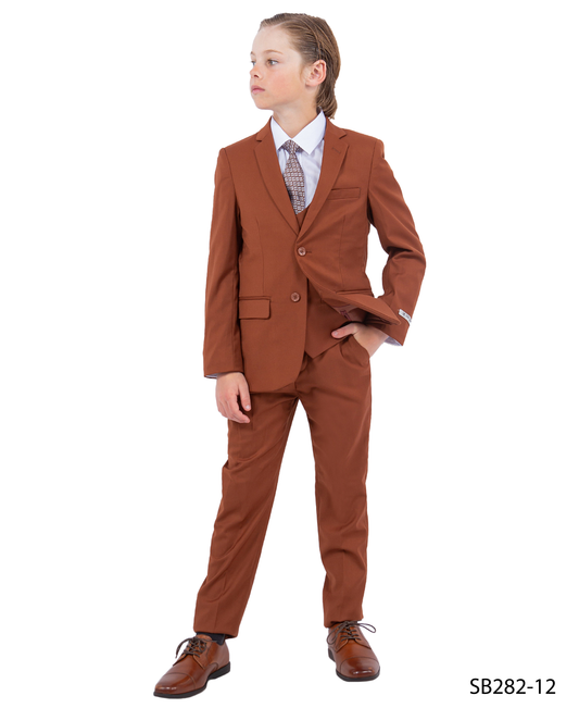 Solid Light brown Notch Lapel 5 Piece Slim Fit Stacy Adams Boy's Suit