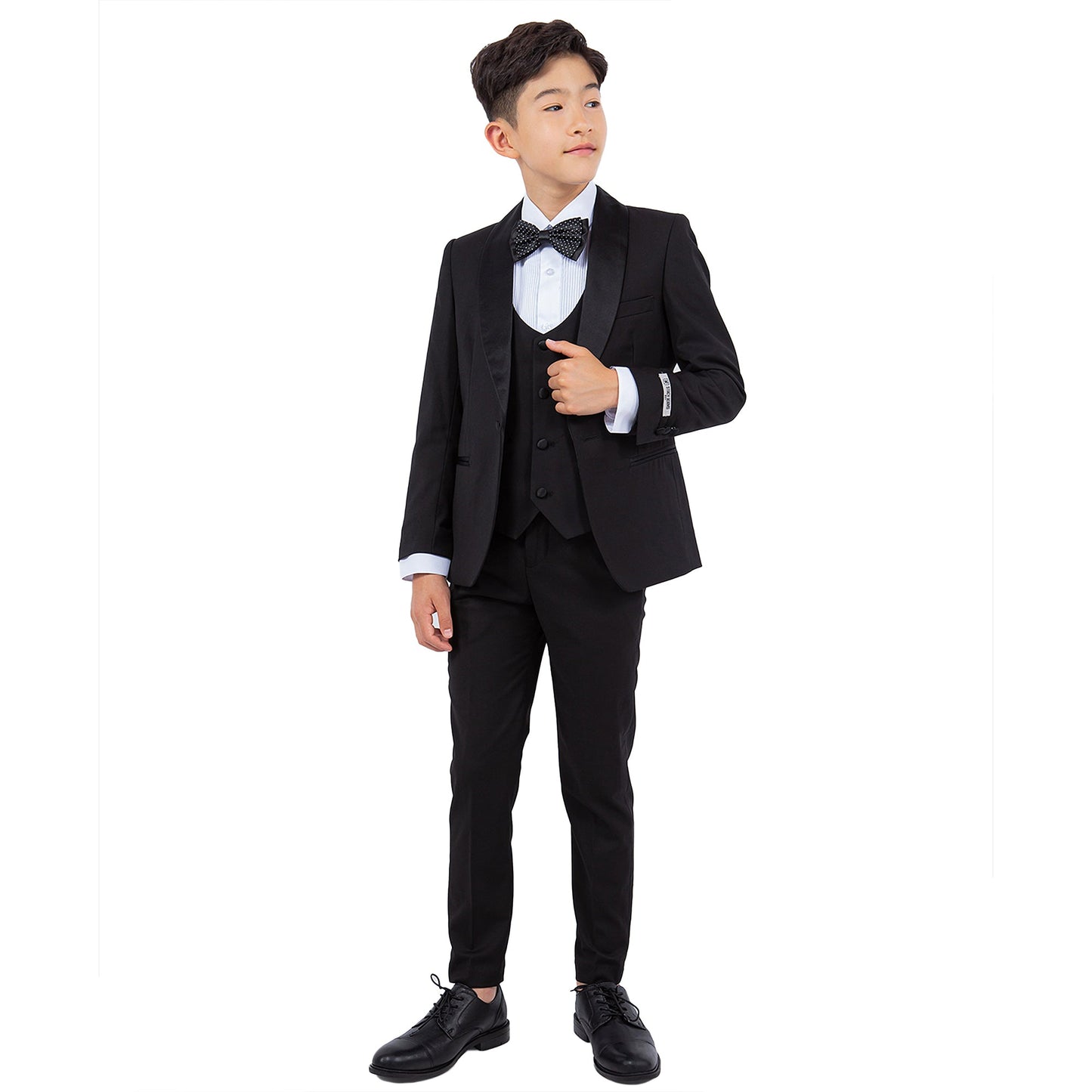 Black/Black Satin Shawl Lapel 5 Piece Slim Fit Stacy Adams Boy's Tuxedo